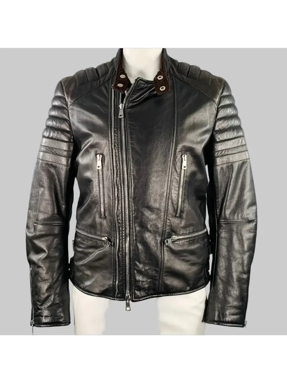 GUCCI Size 44 Black Brown Quilted Leather Motorcycle Jacket